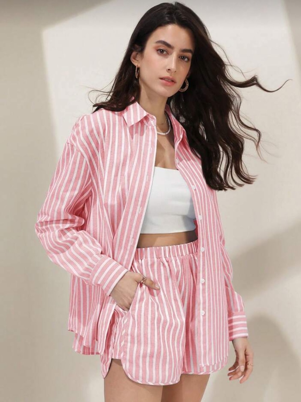 Pink & White Vertical Stripe Button-Down Shirt and shorts set